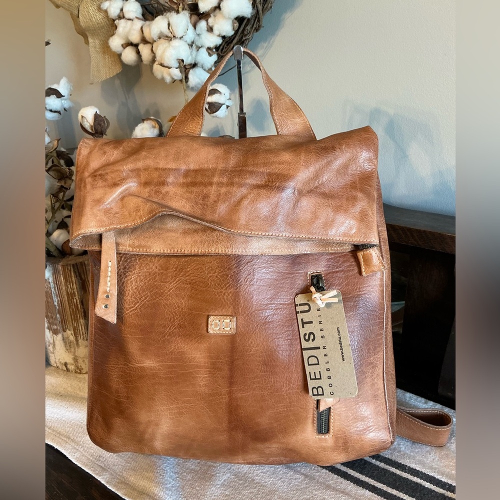 NWT Bed Stu Leather Howie Flapover Leather Backpack Tan Rustic Retail $365 - Picture 3 of 13